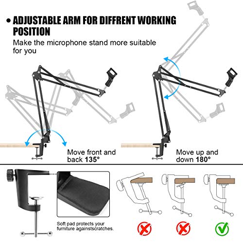 Soporte de Brazo de Micrófono, Tijera de Pluma de Suspensión Ajustable Soporte de Micrófono con Filtro Pop, Clip de Micrófono, Abrazadera de Servicio Pesado Mejorada para Blue Yeti, etc.