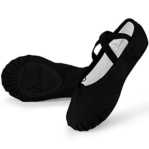 Soudittur Zapatillas Media Punta de Ballet - Calzado de Danza para Niña y Mujer Adultos Negras Suela Partida de Cuero Tallas 27