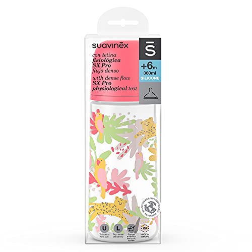 SUAVINEX Nuevo Biberón 360 Ml Con Tetina Fisiológica Sx Pro Flujo Denso, Para Bebés +6 Meses, color Rosa, 360 ml