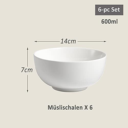 suntun Cuencos de Cereal 6 piezas, 600ml Set de Cuencos Porcelana Juego de Vajillas, Redondo Blanca Crema Cuencos de Sopa, Postre, 14cm Modernas Tazones Desayuno Cuencos de Aperitivo para 6 Personas