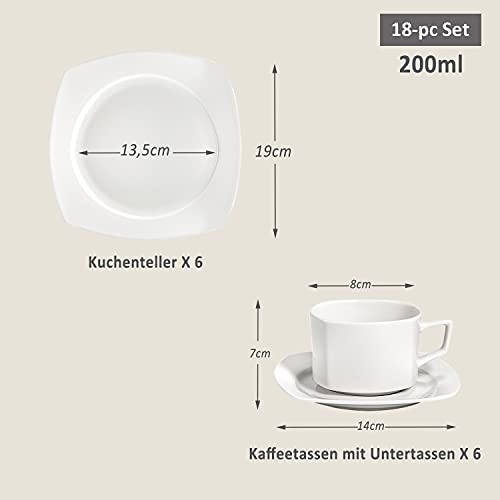 suntun Juegos de Vajillas Porcelana 6 Personas, 18 piezas Blanco Crema Vajillas Completas Modernas Juego de Café con 6 Platos de Postre, 6 Tazas de Café y 6 Platillos, en Nueva Porcelana de Hueso