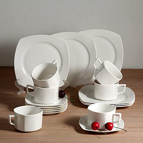 suntun Juegos de Vajillas Porcelana 6 Personas, 18 piezas Blanco Crema Vajillas Completas Modernas Juego de Café con 6 Platos de Postre, 6 Tazas de Café y 6 Platillos, en Nueva Porcelana de Hueso