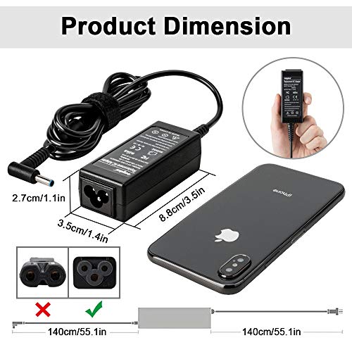 SUNYDEAL Cargador para Portátil HP 45W, Adaptador AC/Suministro de Cable de alimentación para HP Stream 11 13 14;Pavilion 11 13 15;Split 13;HP 719309-001 741727-001 HSTNN-CA40; 19.5V 2.31A;4.5mm*3mm