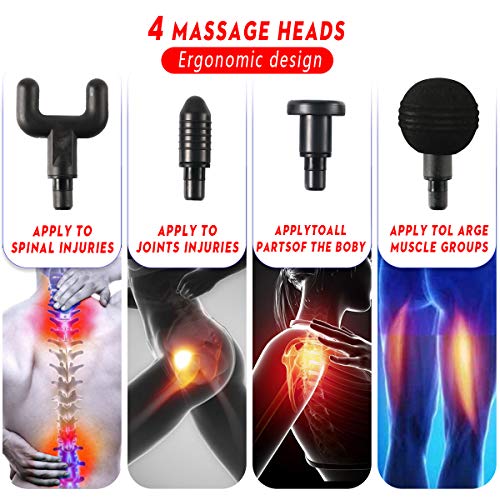 Surplex Pistola de Masaje Muscular, Electrónica Masajeador de Músculos de Tejido Profundo Para Aliviar el Dolor Muscular Relajación Recuperación Fatiga con 6 Niveles Ajustables 4 Cabezas de Masaje