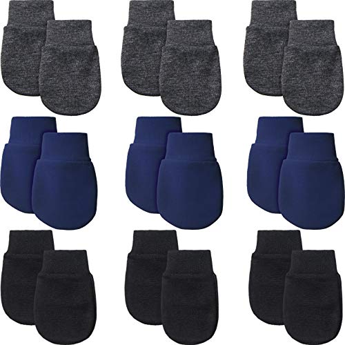 Syhood 9 Pares de Manoplas de Bebés Recién Nacidos Guantes de Bebés y Niños Pequeños Guantes de Algodón sin Arañazos Unisex para Bebés Niños Niñas 0-6 Meses (Negro, Azul Marino, Negro-Gris)