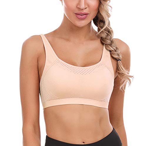 Sykooria Sujetadores Deportivos para Mujer Sostén con Espalda Cruzada Reductor Mujer Ropa Interior Deporte Push Up Sports Bra Respirable Corpiño sin Aros para Fitness Yoga Jogging Beige XL