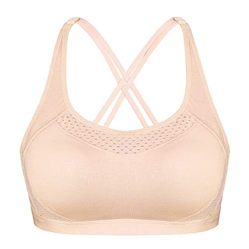 Sykooria Sujetadores Deportivos para Mujer Sostén con Espalda Cruzada Reductor Mujer Ropa Interior Deporte Push Up Sports Bra Respirable Corpiño sin Aros para Fitness Yoga Jogging Beige XL