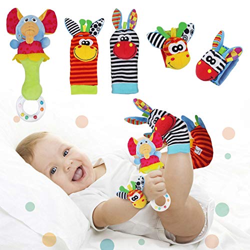 Synchain Baby Rattle Toy - 5 paquetes de muñequeras para recién nacidos con sonajeros, simpáticos animales Developmental Soft Toys para bebés de 0 a 12 meses