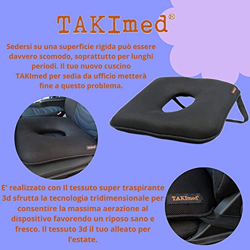 TAKIMED-Cojín para asiento de coche,tejido transpirable 3D,cojín antipróstata, cojín para aliviar el dolor de próstata, maricico, hueso sagrado,ciático,emolidos,producto italiano