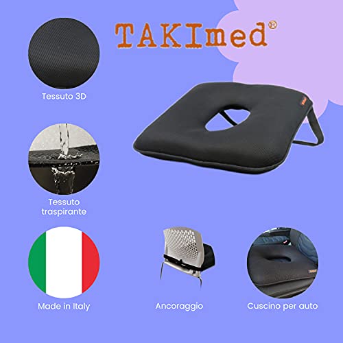 TAKIMED-Cojín para asiento de coche,tejido transpirable 3D,cojín antipróstata, cojín para aliviar el dolor de próstata, maricico, hueso sagrado,ciático,emolidos,producto italiano