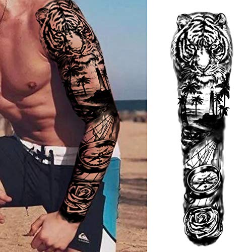 Tatuaje temporal extra grande 8 hojas Tatuajes falsos de brazo completo y 8 hojas Etiqueta engomada del tatuaje de medio brazo para hombres y mujeres (16 hojas)