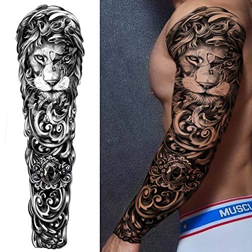 Tatuaje temporal extra grande 8 hojas Tatuajes falsos de brazo completo y 8 hojas Etiqueta engomada del tatuaje de medio brazo para hombres y mujeres (16 hojas)
