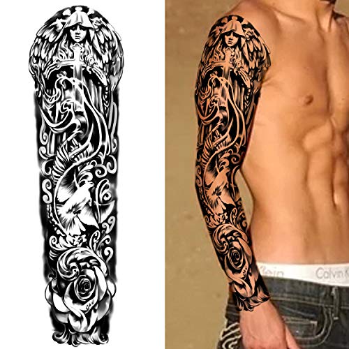 Tatuaje temporal extra grande 8 hojas Tatuajes falsos de brazo completo y 8 hojas Etiqueta engomada del tatuaje de medio brazo para hombres y mujeres (16 hojas)