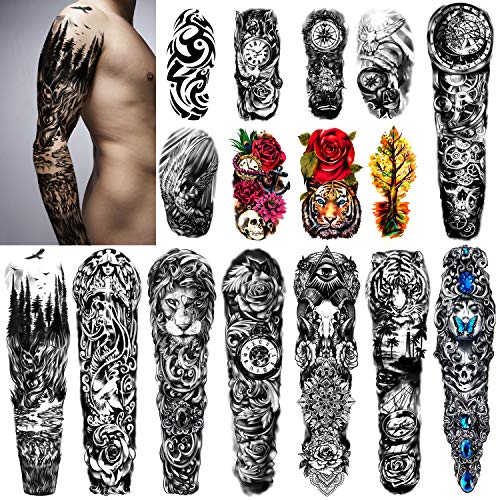 Tatuaje temporal extra grande 8 hojas Tatuajes falsos de brazo completo y 8 hojas Etiqueta engomada del tatuaje de medio brazo para hombres y mujeres (16 hojas)
