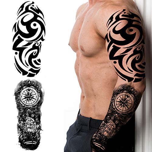 Tatuaje temporal extra grande 8 hojas Tatuajes falsos de brazo completo y 8 hojas Etiqueta engomada del tatuaje de medio brazo para hombres y mujeres (16 hojas)