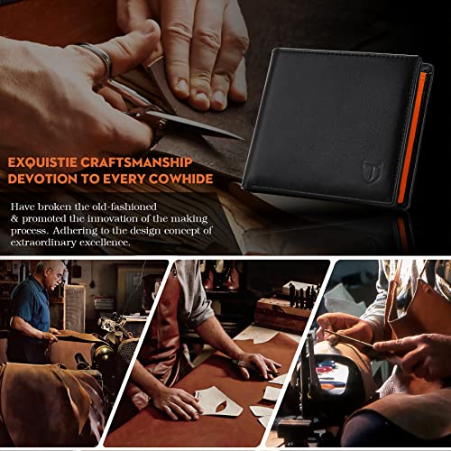 TEEHON Cartera para Hombre, Monedero con RFID Bloqueo con 10 Ranuras (9 Tarjetas & 1 ID), 2 Compartimentos para Billetes, 1 Bolsillo para Monedas con Botón, 1 Llavero y Regalo Caja - Naranja Negro