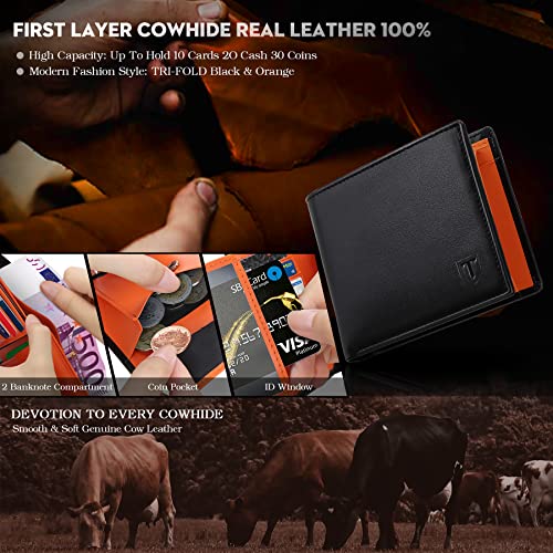 TEEHON Cartera para Hombre, Monedero con RFID Bloqueo con 10 Ranuras (9 Tarjetas & 1 ID), 2 Compartimentos para Billetes, 1 Bolsillo para Monedas con Botón, 1 Llavero y Regalo Caja - Naranja Negro