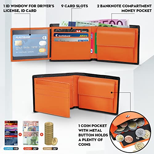 TEEHON Cartera para Hombre, Monedero con RFID Bloqueo con 10 Ranuras (9 Tarjetas & 1 ID), 2 Compartimentos para Billetes, 1 Bolsillo para Monedas con Botón, 1 Llavero y Regalo Caja - Naranja Negro