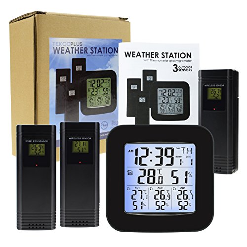 TEKCOPLUS Estación Meteorológica Inalámbrica con 3 Sensores Exteriores Inalámbrico, Reloj, Alarma, Temperatura, Humedad, Fácil De Leer Pantalla con Retroiluminación LED