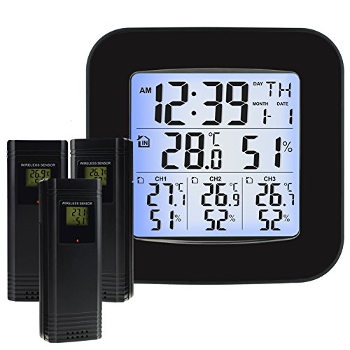 TEKCOPLUS Estación Meteorológica Inalámbrica con 3 Sensores Exteriores Inalámbrico, Reloj, Alarma, Temperatura, Humedad, Fácil De Leer Pantalla con Retroiluminación LED