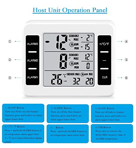 Termómetro de nevera digital LCD grande, termómetro de congelador, termómetro de refrigerador con dos sensores Reloj despertador y registros Mín/Máx [Batería no incluida]