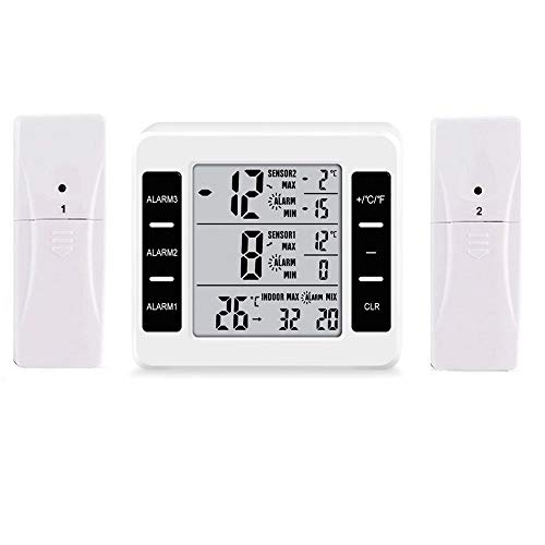Termómetro de nevera digital LCD grande, termómetro de congelador, termómetro de refrigerador con dos sensores Reloj despertador y registros Mín/Máx [Batería no incluida]