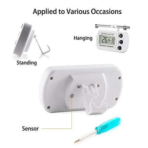 Termómetro para frigorífico, impermeable, termómetro para congelador, monitor de temperatura, pantalla LCD fácil de leer con gancho, 1pack, Blanco 4.90watts 3.00volts