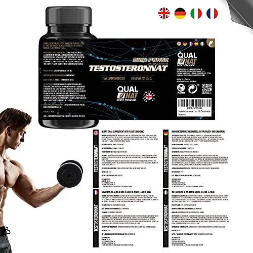 Testosterona Hombre - Testosterona pura120 comprimidos | Para Aumentar la Resistencia y Masa Muscular | Suplemento Deportivo para Mejorar la fuerza y Resistencia | Qualnat