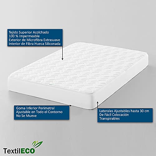 TextilECO Protector de Colchon Acolchado. Funda de Colchon Impermeable Transpirabe Silenciosa. Ecologica Antiacaros. Calidad Suave Comodo. Microseda. Cama 150 x 190/200 cm