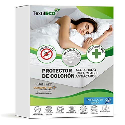 TextilECO Protector de Colchon Acolchado. Funda de Colchon Impermeable Transpirabe Silenciosa. Ecologica Antiacaros. Calidad Suave Comodo. Microseda. Cama 150 x 190/200 cm