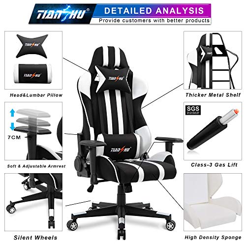 TIANSHU Silla para Juegos Silla para Juegos de computadora con Respaldo Alto Silla de Oficina Silla de Carreras Silla giratoria Ajustable Silla para Deportes electrónicos, Blanco