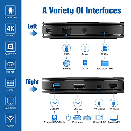TICTID Android TV Box 10.0 4G RAM +32G ROM, D1 Plus RK3318 Quad-Core 64bit WiFi-Dual 5G/2.4G+100M,BT 4.0, 4K*2K con Función 3D, USB 3.0 Smart TV Box