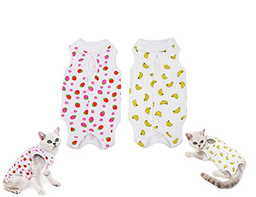 Tineer 2 Packs E-Collar Alternativa para Gatos - Traje de recuperación quirúrgica Profesional para heridas Abdominales después de la cirugía - Ropa fisiológica para Gatitos (XL, Plátano + Fresa)