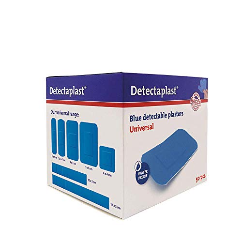 Tiritas detectables Detectaplast Universal, tiritas azules, tiritas resistentes agua y suciedad, tiritas cocina para industria alimentara, hostelería y restauración, 38 x 72 mm, 50 tiritas