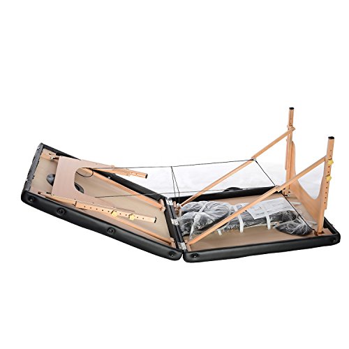 Todeco - Mesa de Masajes Plegable, Mesa de Terapia Profesional - Tamaño: 186 x 71 x 62 cm - Alto: Ajustable 62-83 cm - Negro, con reposacabezas, reposabrazos, bolsa de transporte, Pata de madera, 2 secciones plegables