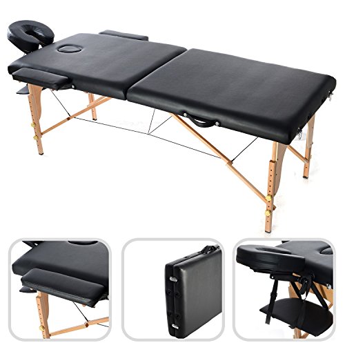 Todeco - Mesa de Masajes Plegable, Mesa de Terapia Profesional - Tamaño: 186 x 71 x 62 cm - Alto: Ajustable 62-83 cm - Negro, con reposacabezas, reposabrazos, bolsa de transporte, Pata de madera, 2 secciones plegables