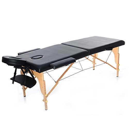 Todeco - Mesa de Masajes Plegable, Mesa de Terapia Profesional - Tamaño: 186 x 71 x 62 cm - Alto: Ajustable 62-83 cm - Negro, con reposacabezas, reposabrazos, bolsa de transporte, Pata de madera, 2 secciones plegables