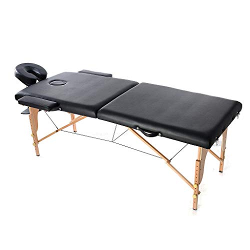Todeco - Mesa de Masajes Plegable, Mesa de Terapia Profesional - Tamaño: 186 x 71 x 62 cm - Alto: Ajustable 62-83 cm - Negro, con reposacabezas, reposabrazos, bolsa de transporte, Pata de madera, 2 secciones plegables