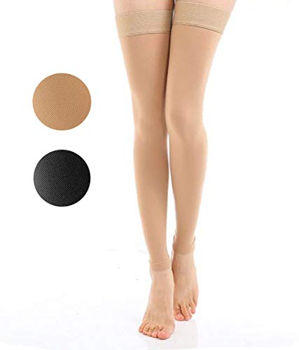 TOFLY Muslo alto mangas de compresión, compresión de gradiente de 20-30 mmHg con banda de silicona, medias de compresion clase 2, opacas, calcetines de compresión, hinchazón del tratamiento, Beige XL