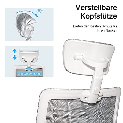 TOLEAD Silla De Oficina Ergonómica Con Malla Transpirable, Apoyabrazos Y Reposacabezas Ajustable, Silla Giratoria Con Rueda Carga 140kg