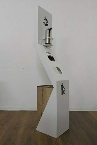 TOTEM Soporte de pie artesanal columna dispensador porta guantes gel manos de acero hecho a mano con cesta de madera