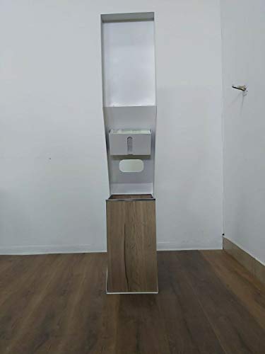 TOTEM Soporte de pie artesanal columna dispensador porta guantes gel manos de acero hecho a mano con cesta de madera