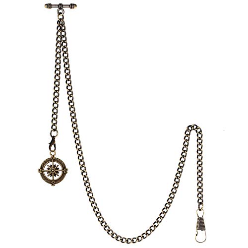 TREEWETO Albert - Reloj de bolsillo con cadena para hombre, 2 ganchos, diseño de brújula antigua, color bronce
