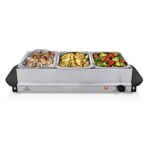 Tristar BP-6283 Servidor de buffet, Capacidad 3 x 2,4 l, Función Mantenimiento Calor y Placa Calientaplatos, Bandeja Alimentos Calientes con Tapas, Temperatura Ajustable, 200 W, Acero Inoxidable