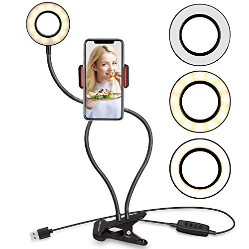 UBeesize Selfie anillo de luz con clip encendido, brazos flexibles con soporte para teléfono celular para transmisiones en vivo/maquillaje