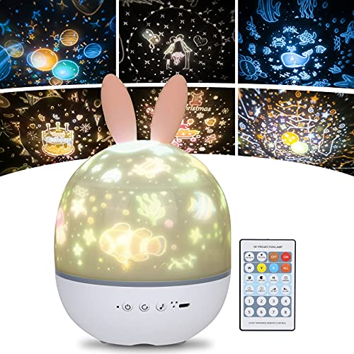 URAQT Lampara Infantil Proyector, Proyector de Luz Nocturna para Bebes, Proyector Estrella Giratorio con Función de Mando a Distancia y 8 Música, Lindo Juguete y Regalo para Niños y Bebés