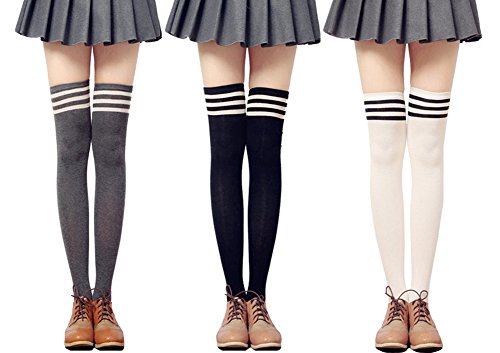 urban GoCo Calcetines Hasta la Rodilla Algodón Medias Mujer Rayure Piernas Calientes-Conjunto de 3 pares (Modelo A)