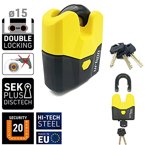 urban U8K Candado Antirrobo Moto Scooter, Alta Seguridad, Made in EU, ø15, Amarillo y Negro