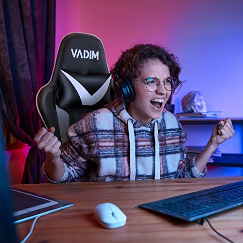 VADIM Silla de Oficina para Juegos En Blanco y Negro, Silla de Oficina Ergonómica para Deportes de Carreras, Respaldo Reclinable a 155 ° Asiento para Juegos, Altura Ajustable, PU para Pc para Juegos