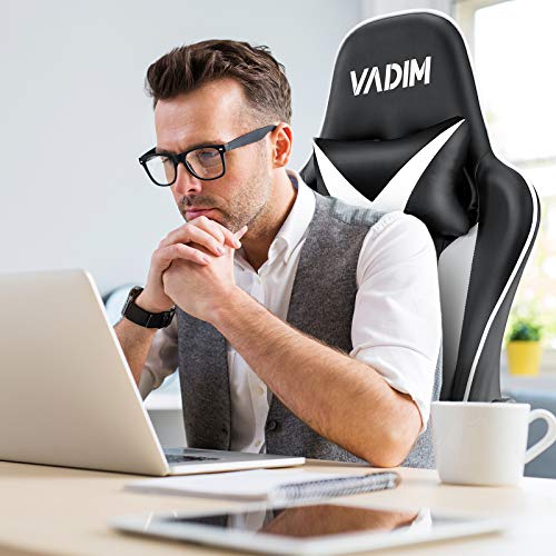 VADIM Silla de Oficina para Juegos En Blanco y Negro, Silla de Oficina Ergonómica para Deportes de Carreras, Respaldo Reclinable a 155 ° Asiento para Juegos, Altura Ajustable, PU para Pc para Juegos